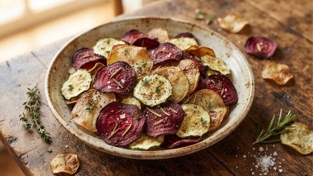 Patates, pancar ve kabakla fırında karışık sebze cipsi